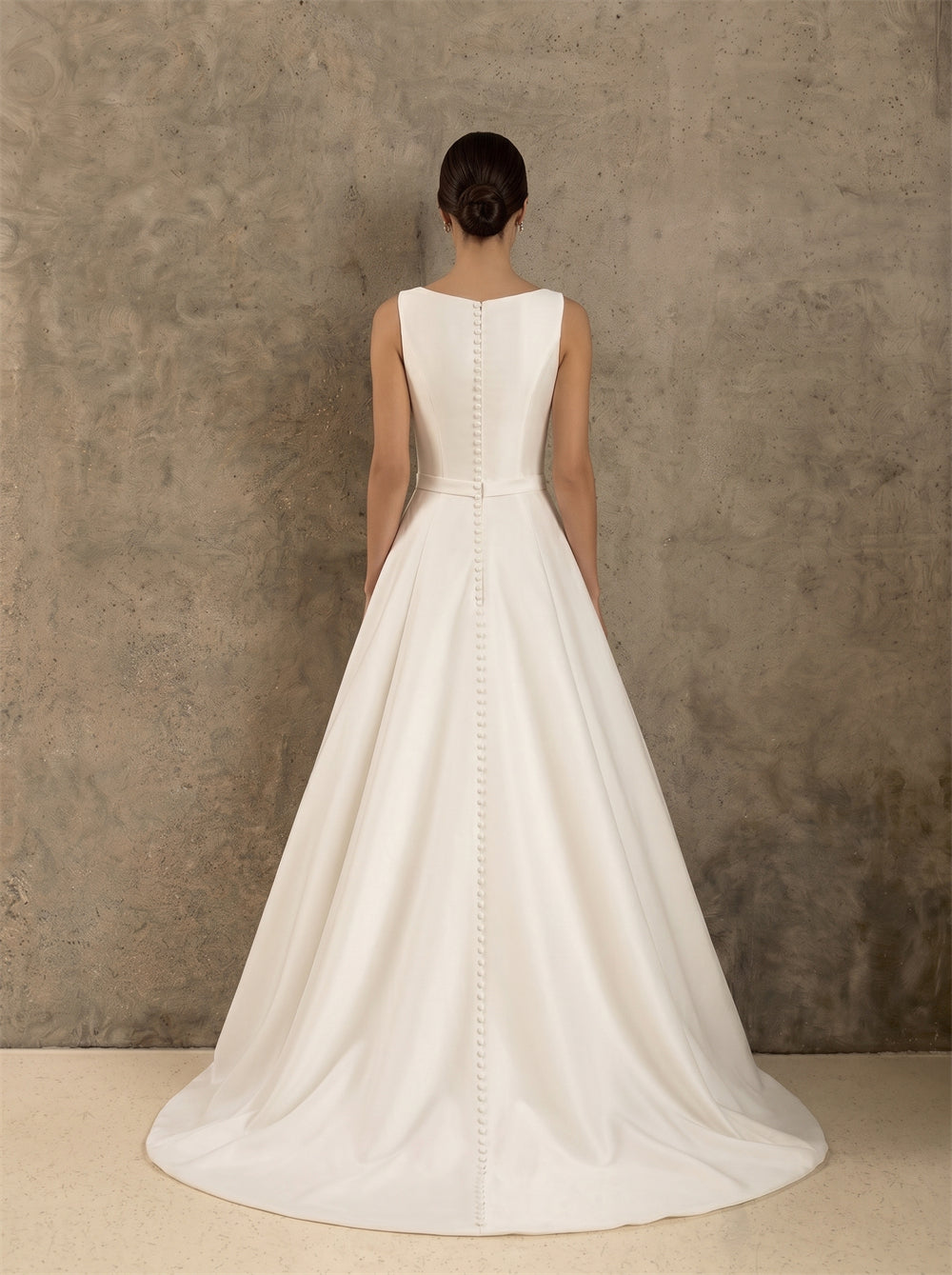 V Neck Sleeveless Bow Sash Button Satin A Line Wedding Dress Bridal Dress