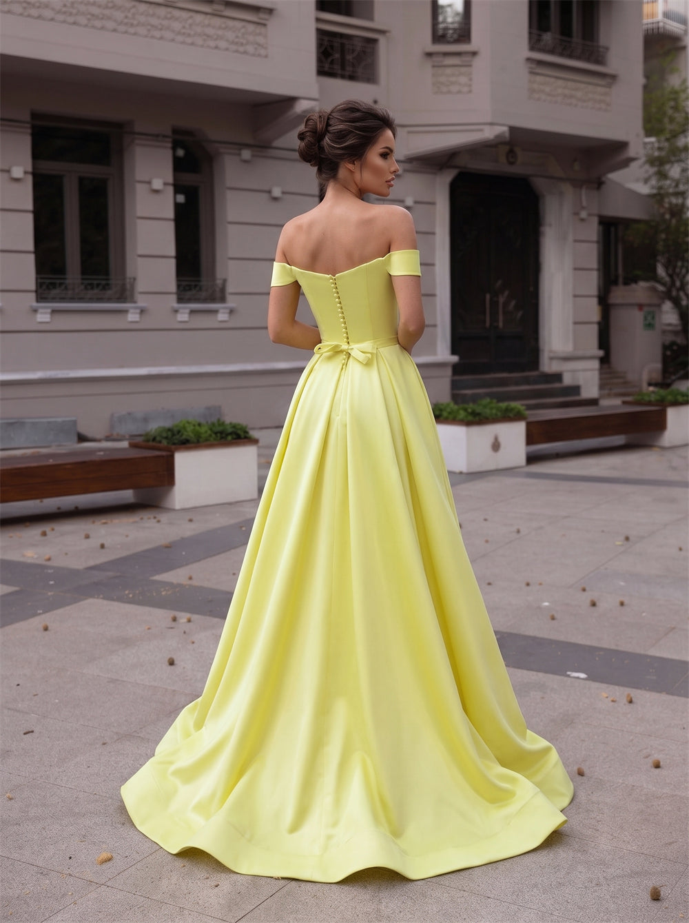Off Shoulder Notch Sweetheart Yellow Satin High Slit A Line Evening Dress With Back Bow Pearl Buttons
