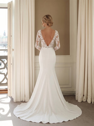 Wedding Dress All Over Floral Lace Long Sleeve Mermaid Wedding Dress With Pearl Button Deep V Crepe Train