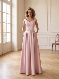 Off The Shoulder Wrap Ruched Satin Bridesmaid Dress Pleated Skirt With Side Pockets Low V BackBlush Pink Formal Wedding Guest Evening Gown