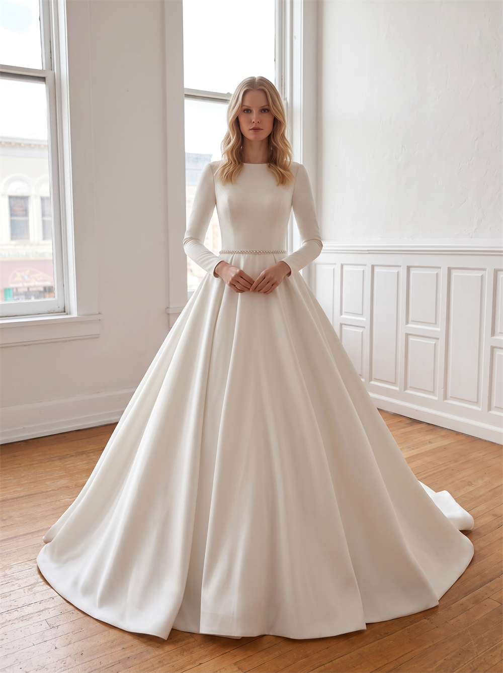Long Sleeve High Round Neck Satin Ball Gown Wedding Dress Deep V Low Back Cathedral Train Bridal Gown