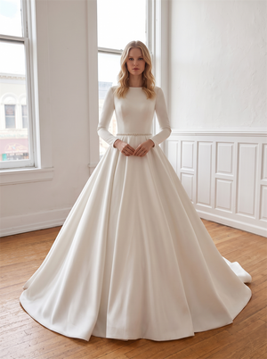 Long Sleeve High Round Neck Satin Ball Gown Wedding Dress Deep V Low Back Cathedral Train Bridal Gown