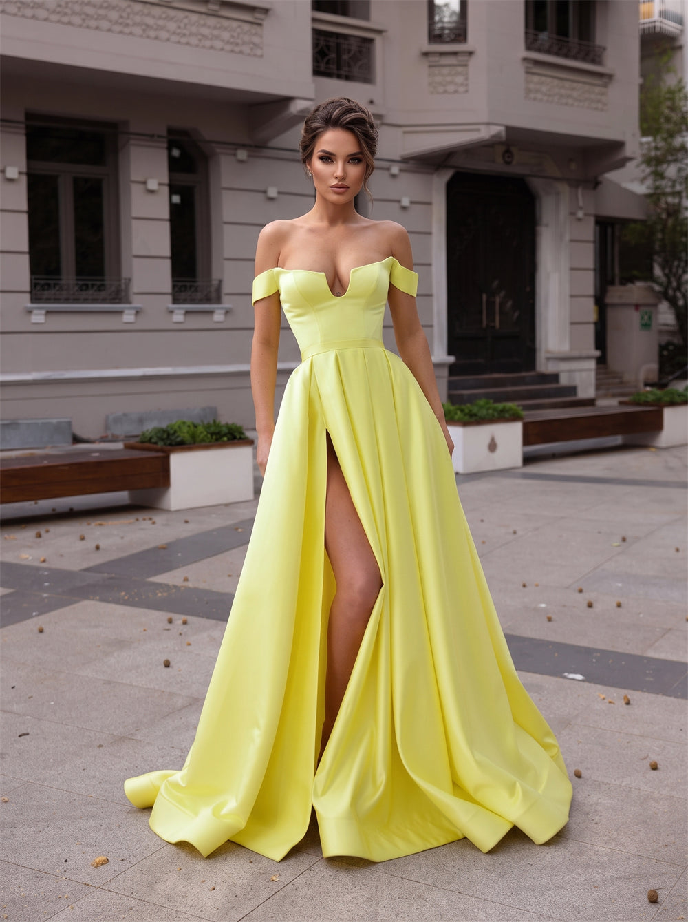 Off Shoulder Notch Sweetheart Yellow Satin High Slit A Line Evening Dress With Back Bow Pearl Buttons