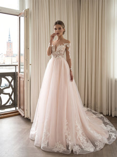 Wedding Dress Soft Blush Tulle A Line Wedding Dress With Floral Lace Long Sleeves & Pearl Placket Back