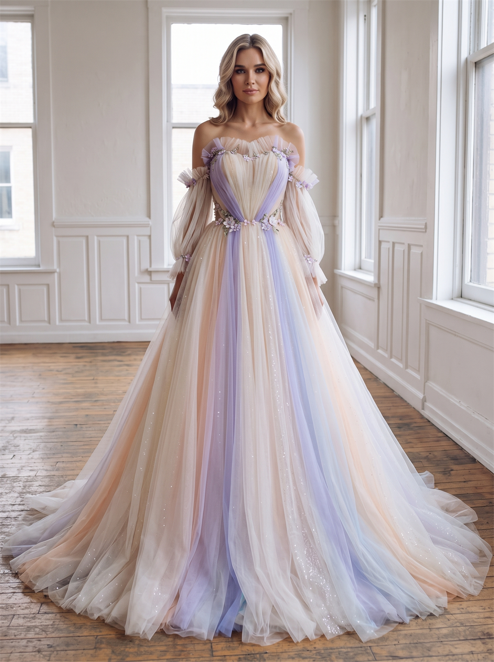 Off The Shoulder Puff Long Sleeve Ombre Gradient Tulle Ball Gown Prom Dress 3D Floral Lace Up Back Sparkly Evening Gown