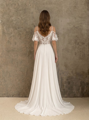Off Shoulder Spaghetti Strap Ruffle Short Sleeve Corset Lace Chiffon A Line Wedding Dress Bridal Dress