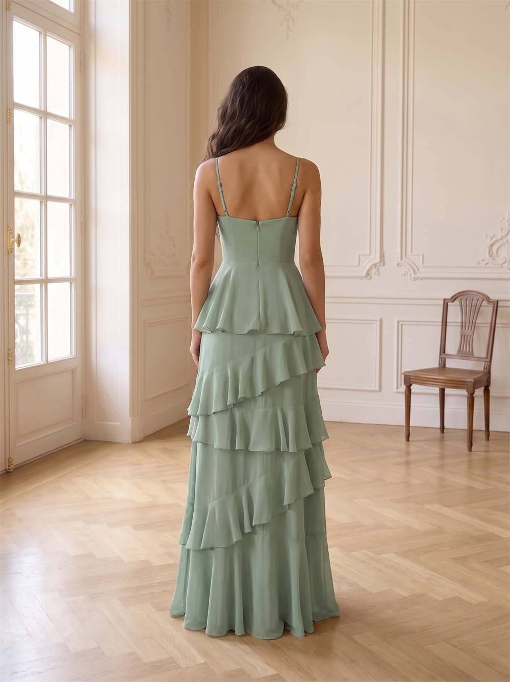 Adjustable Spaghetti Strap Sweetheart Tiered Ruffle Chiffon Bridesmaid Dress Sage Green Formal Wedding Guest Evening Gown