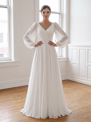 V Neck Bishop Long Sleeve Chiffon Wedding Dress Low V Lace Up Back Soft Minimalist Elegant Bridal Gown