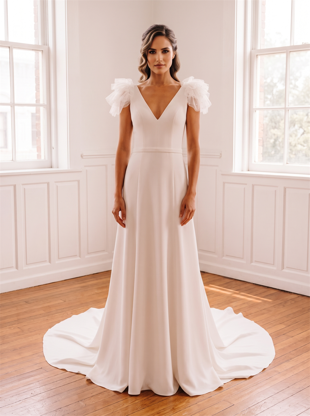 Ruffle Tulle Cap Sleeve Satin Wedding Dress Deep V Neck Low V Back Vertical A Line Sweep Train Minimalist Bridal Gown
