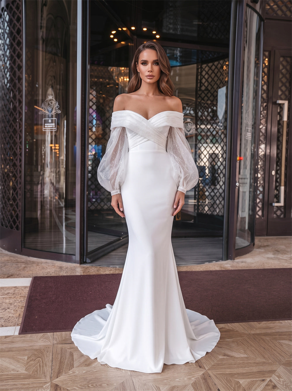 Off Shoulder Cross Ruched Glitter Puff Sleeve Zipper Mermaid Satin Wedding Dress Bridal Dress