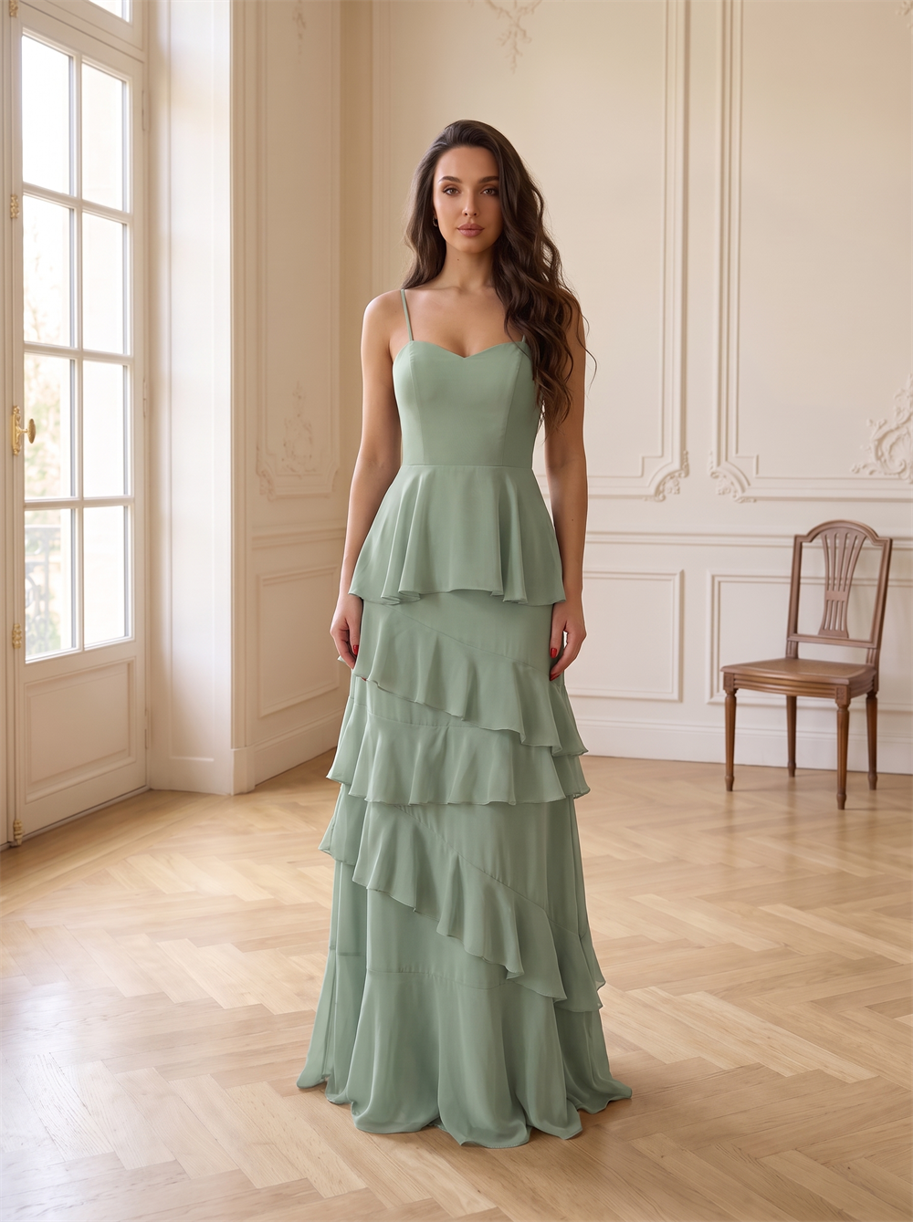Adjustable Spaghetti Strap Sweetheart Tiered Ruffle Chiffon Bridesmaid Dress Sage Green Formal Wedding Guest Evening Gown