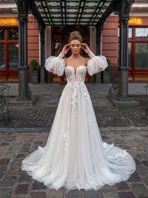 Off The Shoulder Puff Sleeve V Neck Floral Lace Tulle A Line Wedding Dress Sheer Boho Bridal Gown