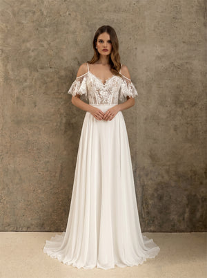 Off Shoulder Spaghetti Strap Ruffle Short Sleeve Corset Lace Chiffon A Line Wedding Dress Bridal Dress