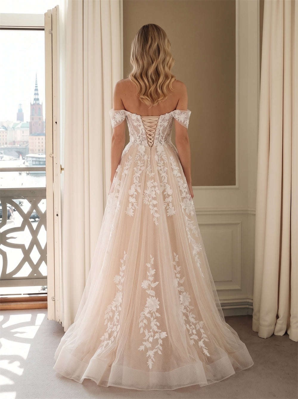 Wedding Dress Boho Floral Lace Off Shoulder Tulle Princess A Line Wedding Dress With Corset Back & Floral Train Appliques