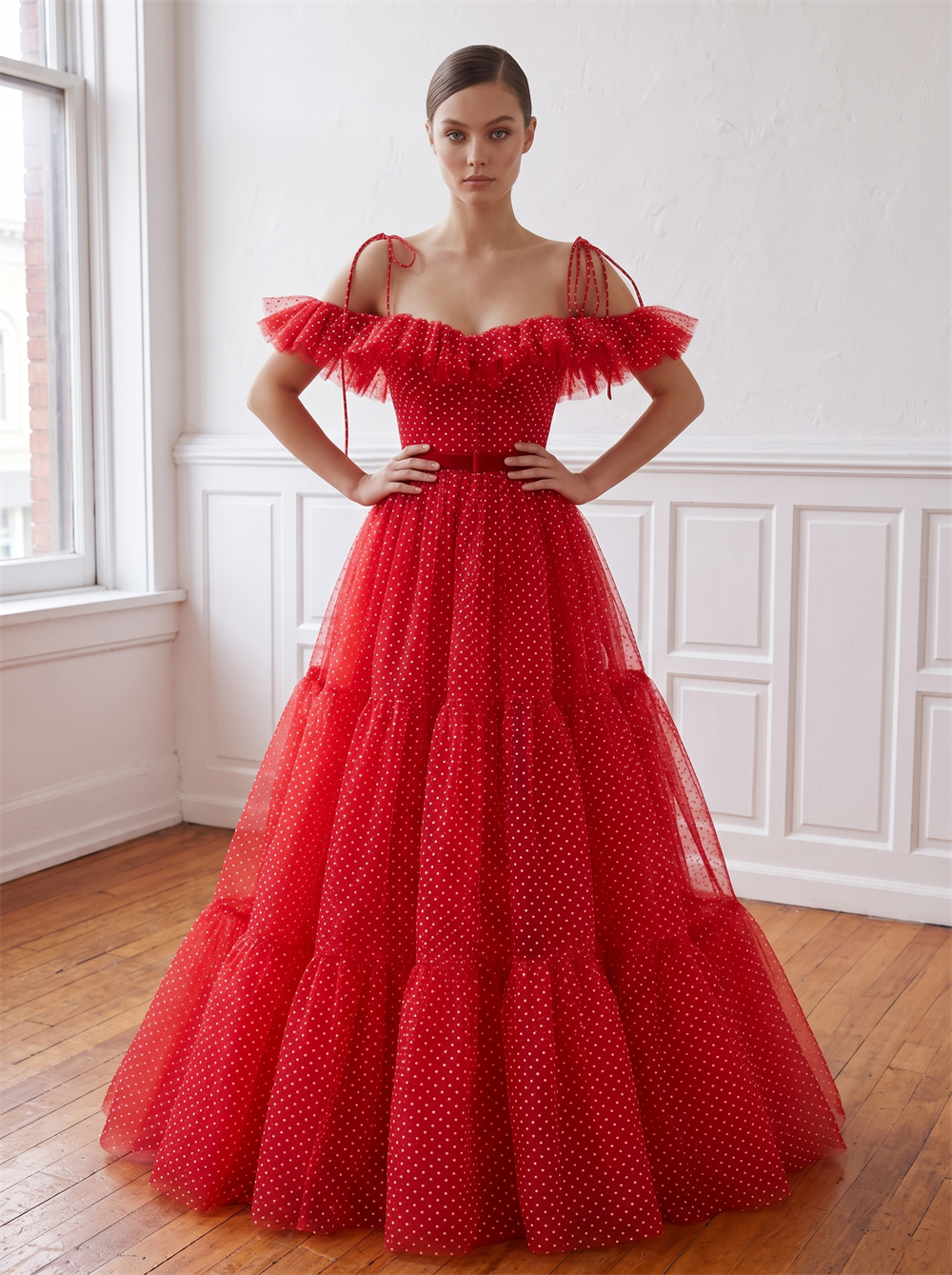 Off Shoulder Ruffle Dot Tulle Tiered A Line Prom Dress Detachable Red Sash Lace Up Back Formal Evening Gown