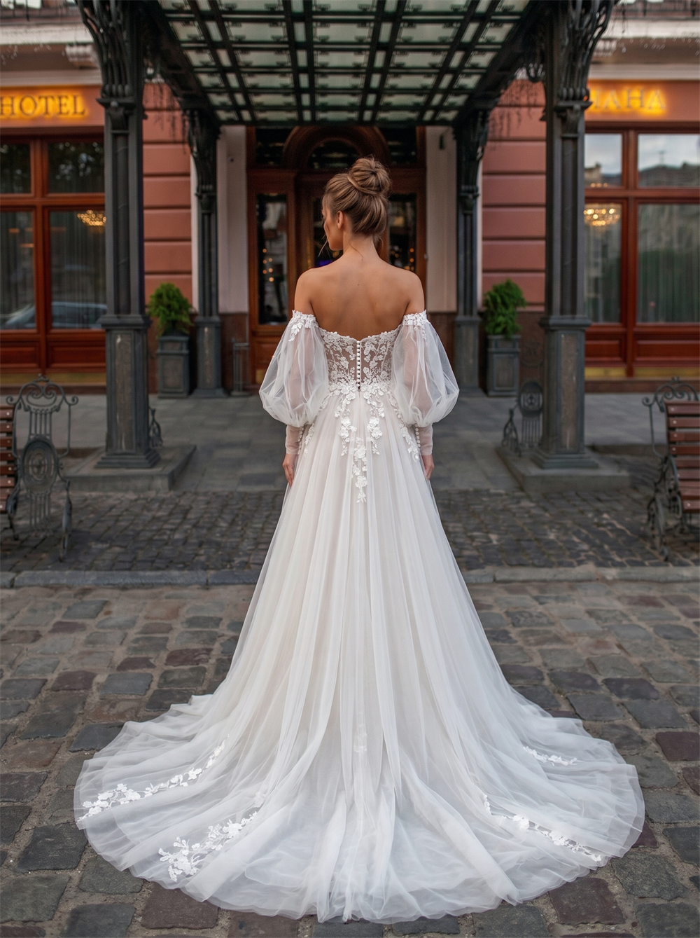Off The Shoulder Puff Sleeve V Neck Floral Lace Tulle A Line Wedding Dress Sheer Boho Bridal Gown