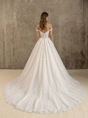 Off Shoulder Sweetheart Lace Up Back Glitter Tulle Ball Gown Wedding Dress Bridal Dress