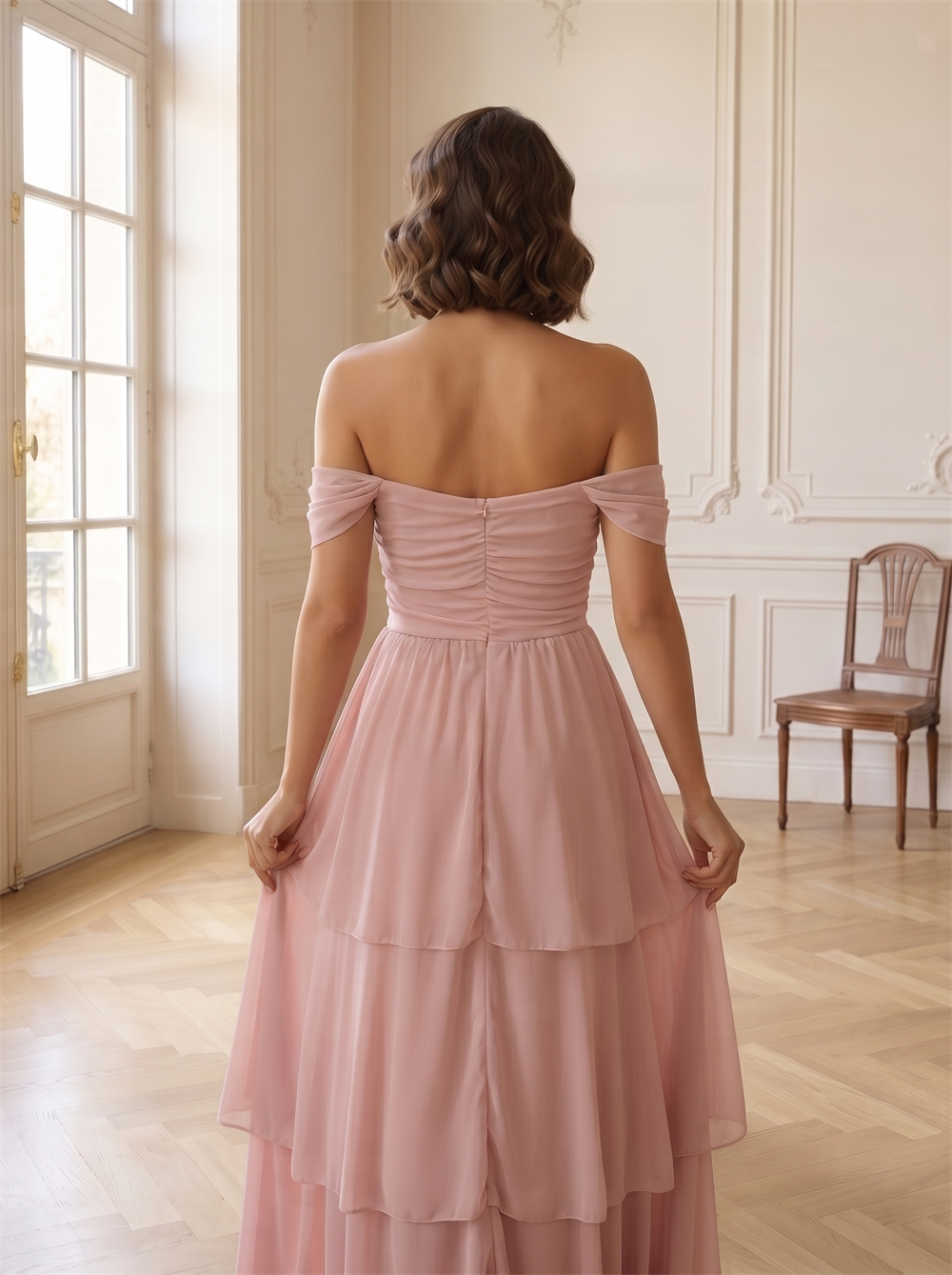 Off The Shoulder Ruched Bodice Tiered Chiffon Bridesmaid Dress Hidden Back Zipper Floor Length Dusty Pink Formal Wedding Guest Evening Gown
