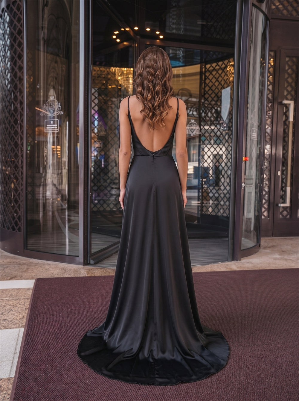 Thin Strap Black Gloss Satin Evening Dress Wrap V Neck Low Back High Slit Polka Dot Mesh Lining Long Formal Maxi Gown