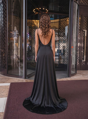 Thin Strap Black Gloss Satin Evening Dress Wrap V Neck Low Back High Slit Polka Dot Mesh Lining Long Formal Maxi Gown