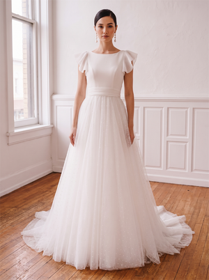 Pleated Ruffle Cap Sleeve Dot Tulle Wedding Dress Boat Neck Convertible V Back A Line Sweep Train Bridal Gown