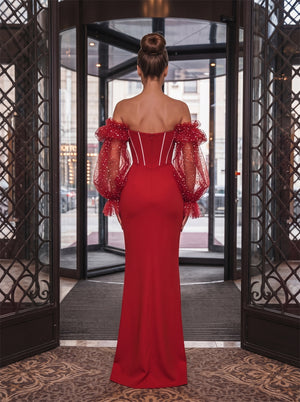 Off Shoulder Sparkle Puff Sleeve High Slit Zipper Mermaid Evening Dress