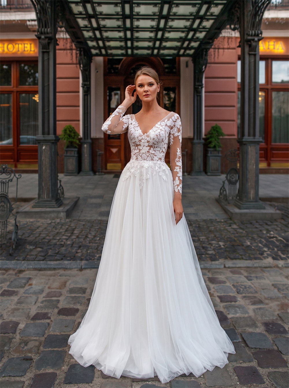 Long Sleeve V Neck Floral Lace Tulle A Line Wedding Dress Deep V Low Back Cathedral Train Romantic Bridal Gown
