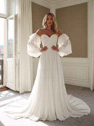 Wedding Dress Airy Chiffon A Line Wedding Dress With Off Shoulder Ruffled Puff Sleeves & Corset Lace-Up Back