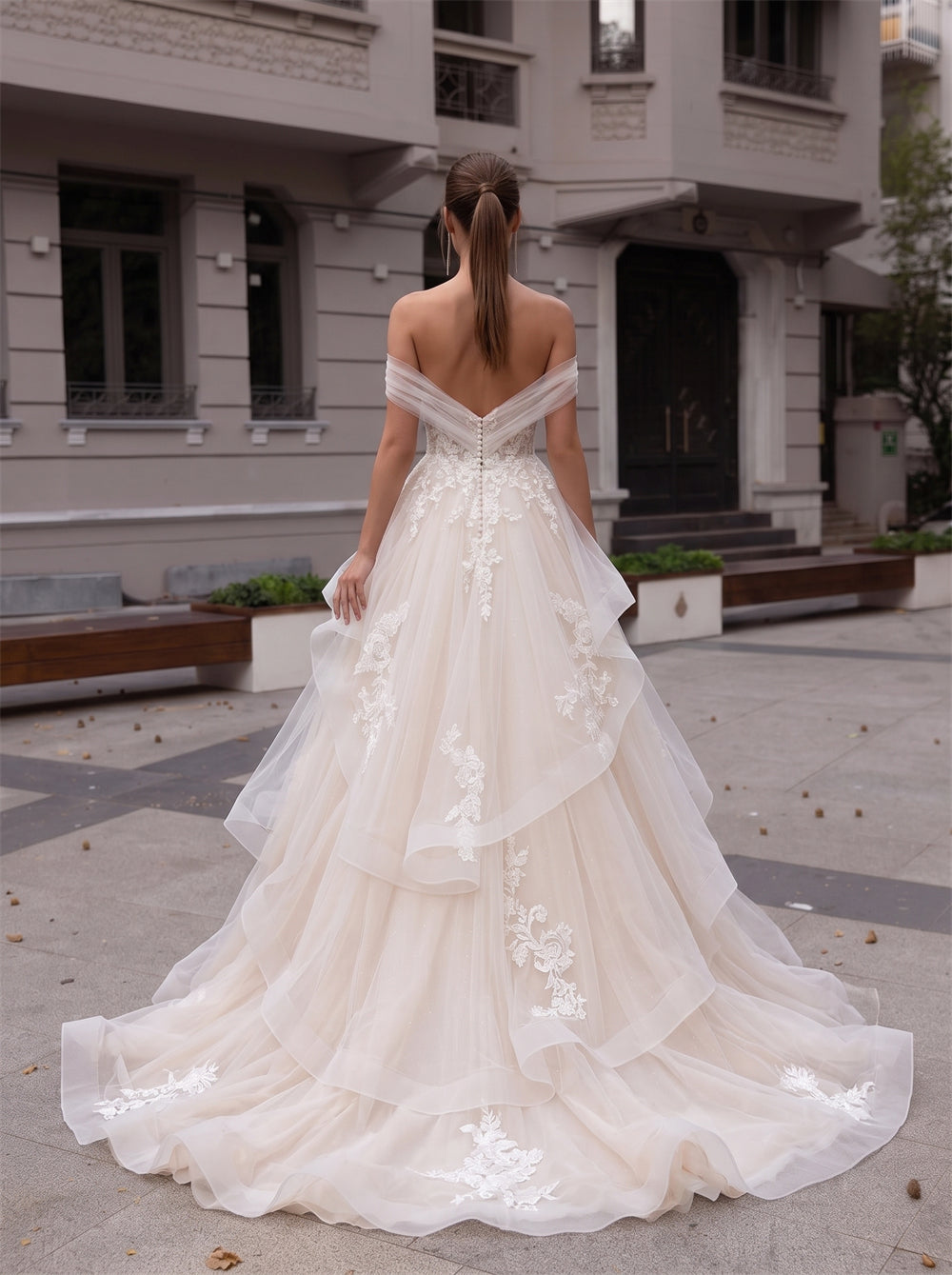 Off Shoulder Ruffle Layered Tulle Wedding Dress Floral Lace Applique V Back Pearl Button A Line Train Bridal Dress