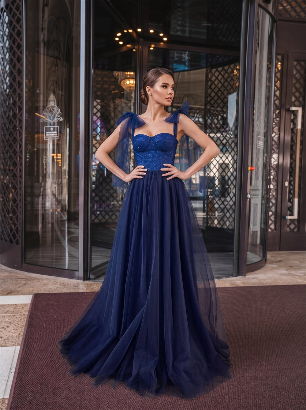 Bow Strap Navy Blue Sparkle Tulle Formal Dress Sweetheart Corset Bodice Lace Up Back Princess Floor Length Evening Gown