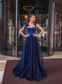 Bow Strap Navy Blue Sparkle Tulle Formal Dress Sweetheart Corset Bodice Lace Up Back Princess Floor Length Evening Gown