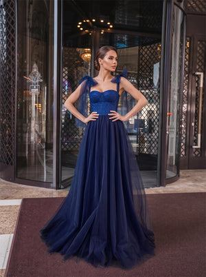 Bow Strap Navy Blue Sparkle Tulle Formal Dress Sweetheart Corset Bodice Lace Up Back Princess Floor Length Evening Gown