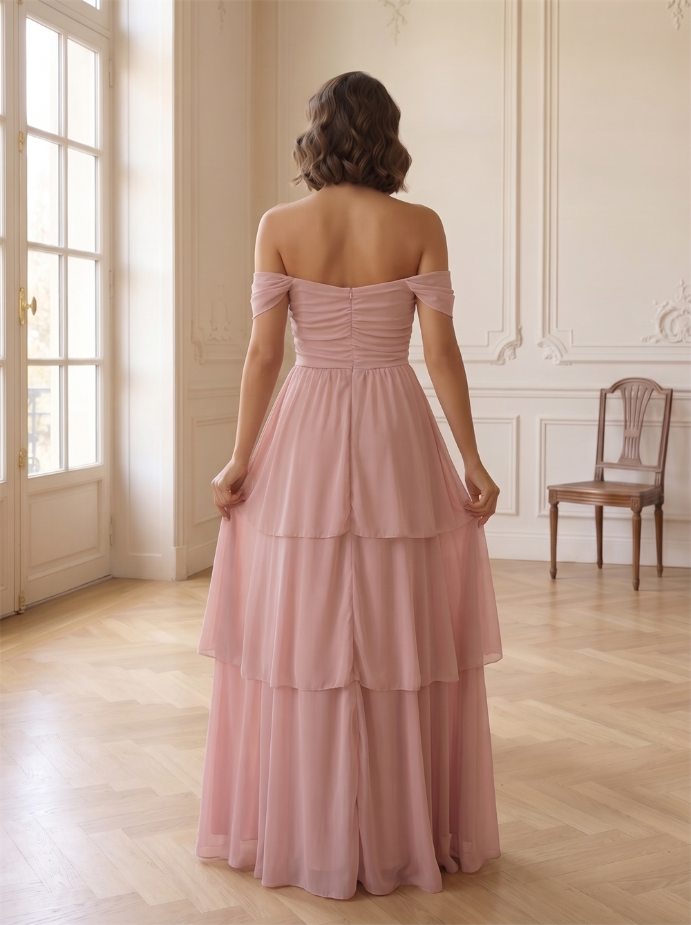 Off The Shoulder Ruched Bodice Tiered Chiffon Bridesmaid Dress Hidden Back Zipper Floor Length Dusty Pink Formal Wedding Guest Evening Gown