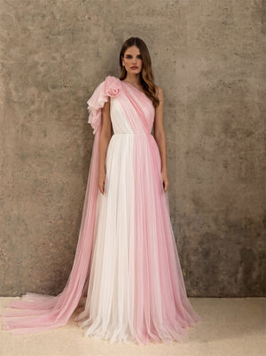 One Shoulder Gradient Pink Floral Bow Tulle A Line Wedding Dress Bridal Dress