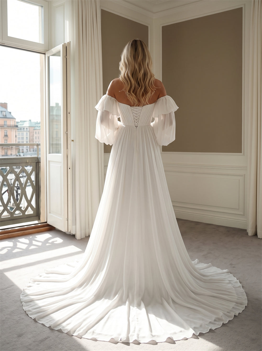 Wedding Dress Airy Chiffon A Line Wedding Dress With Off Shoulder Ruffled Puff Sleeves & Corset Lace-Up Back