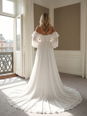 Wedding Dress Airy Chiffon A Line Wedding Dress With Off Shoulder Ruffled Puff Sleeves & Corset Lace-Up Back