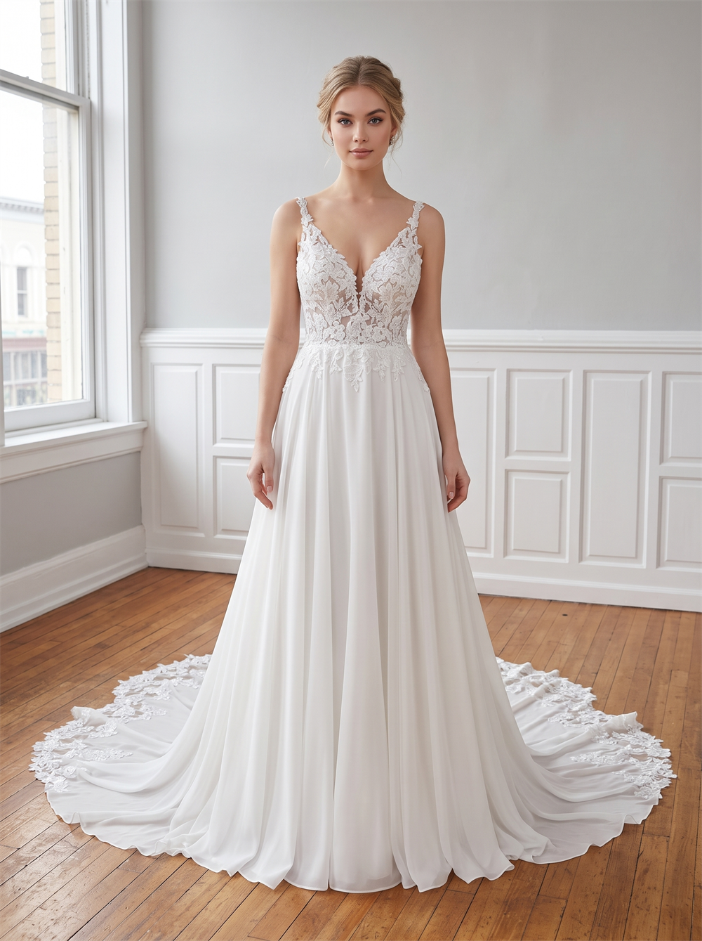 Spaghetti Strap 3D Floral Lace Chiffon Wedding Dress Deep V Illusion Back Lace Edge Romantic Bridal Gown