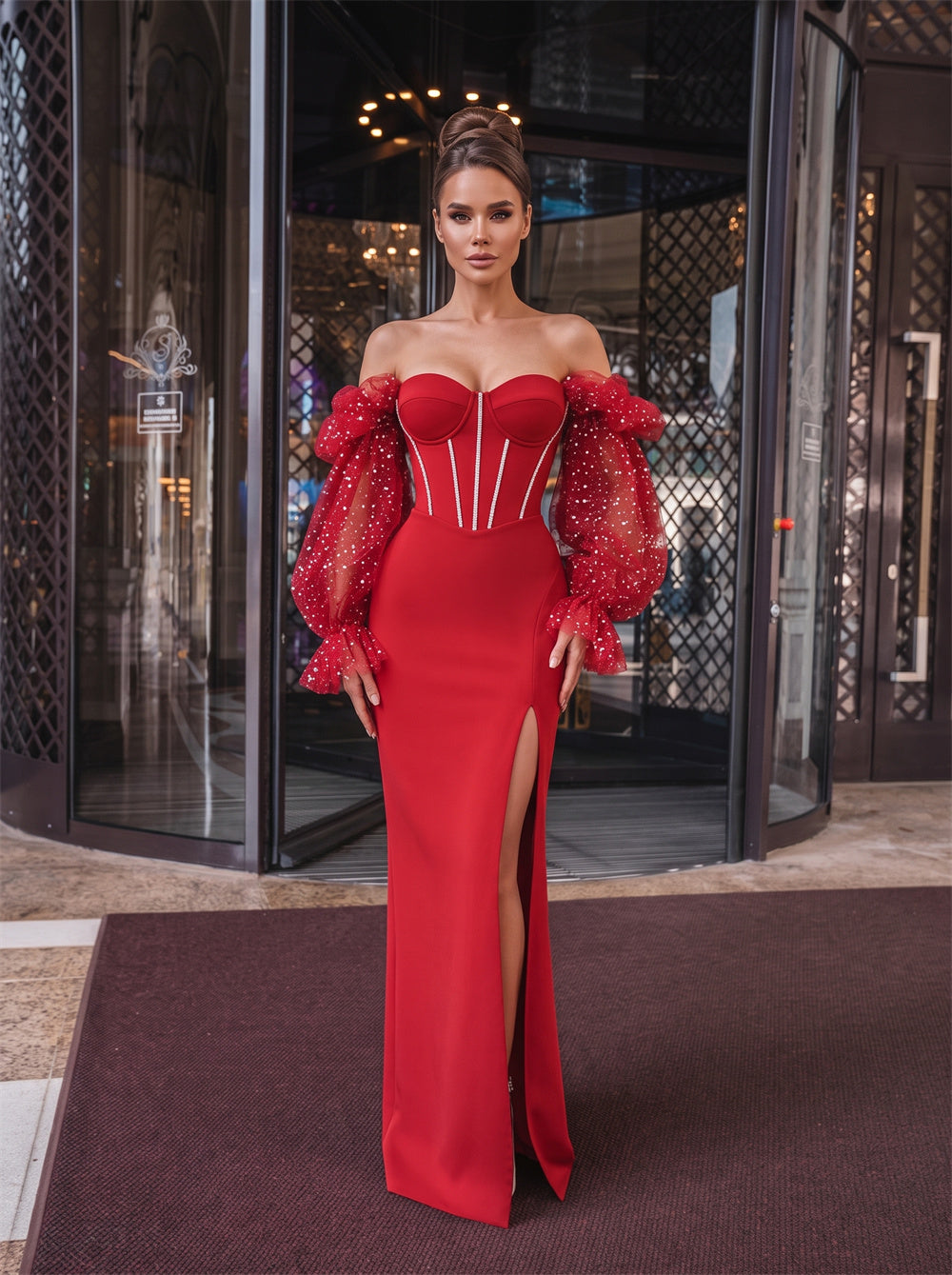 Off Shoulder Sparkle Puff Sleeve High Slit Zipper Mermaid Evening Dress