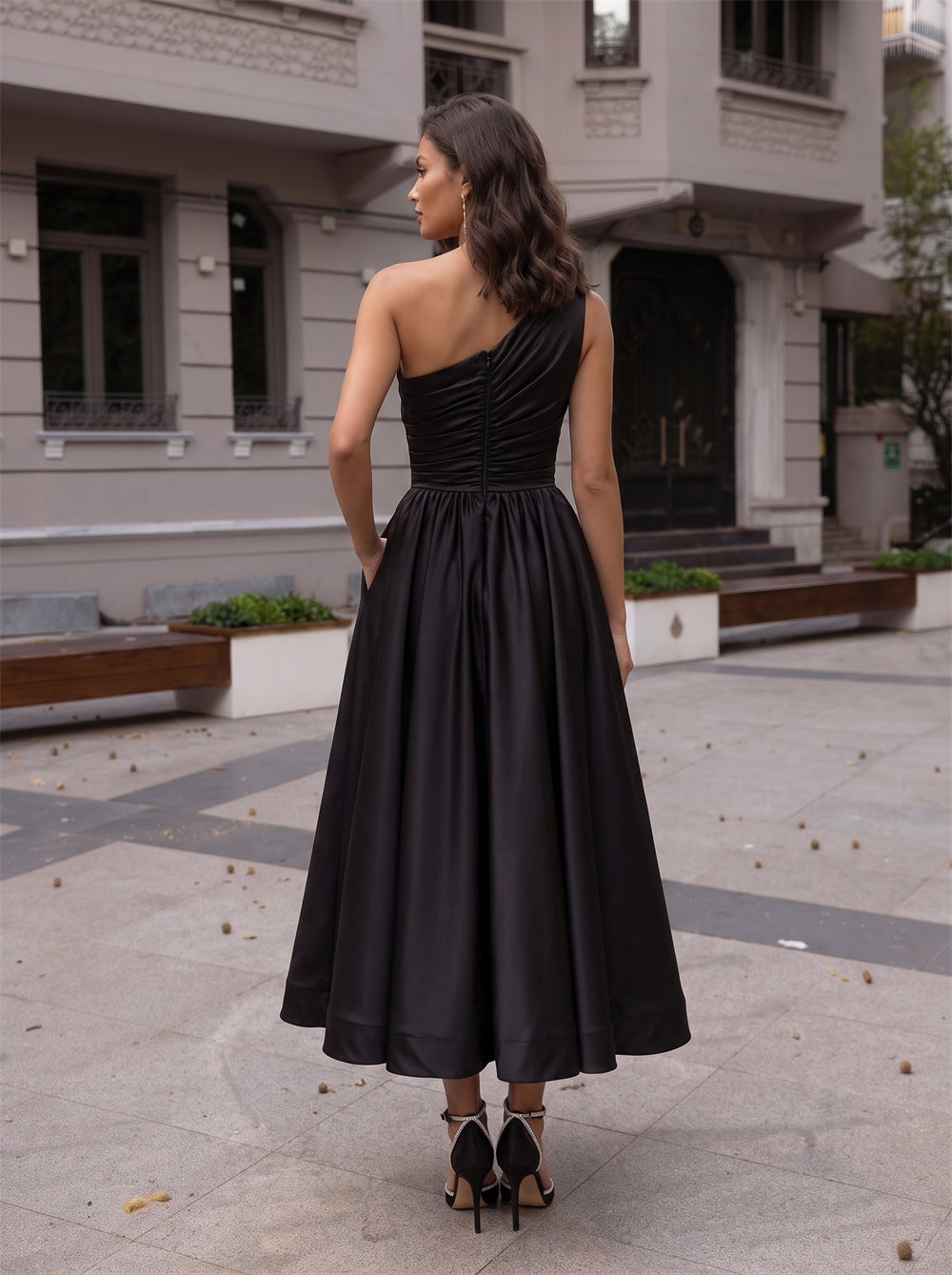 One Shoulder Ruched Black Satin Tea Length Midi Dress With Pockets Prom Homecoming Formal Gown