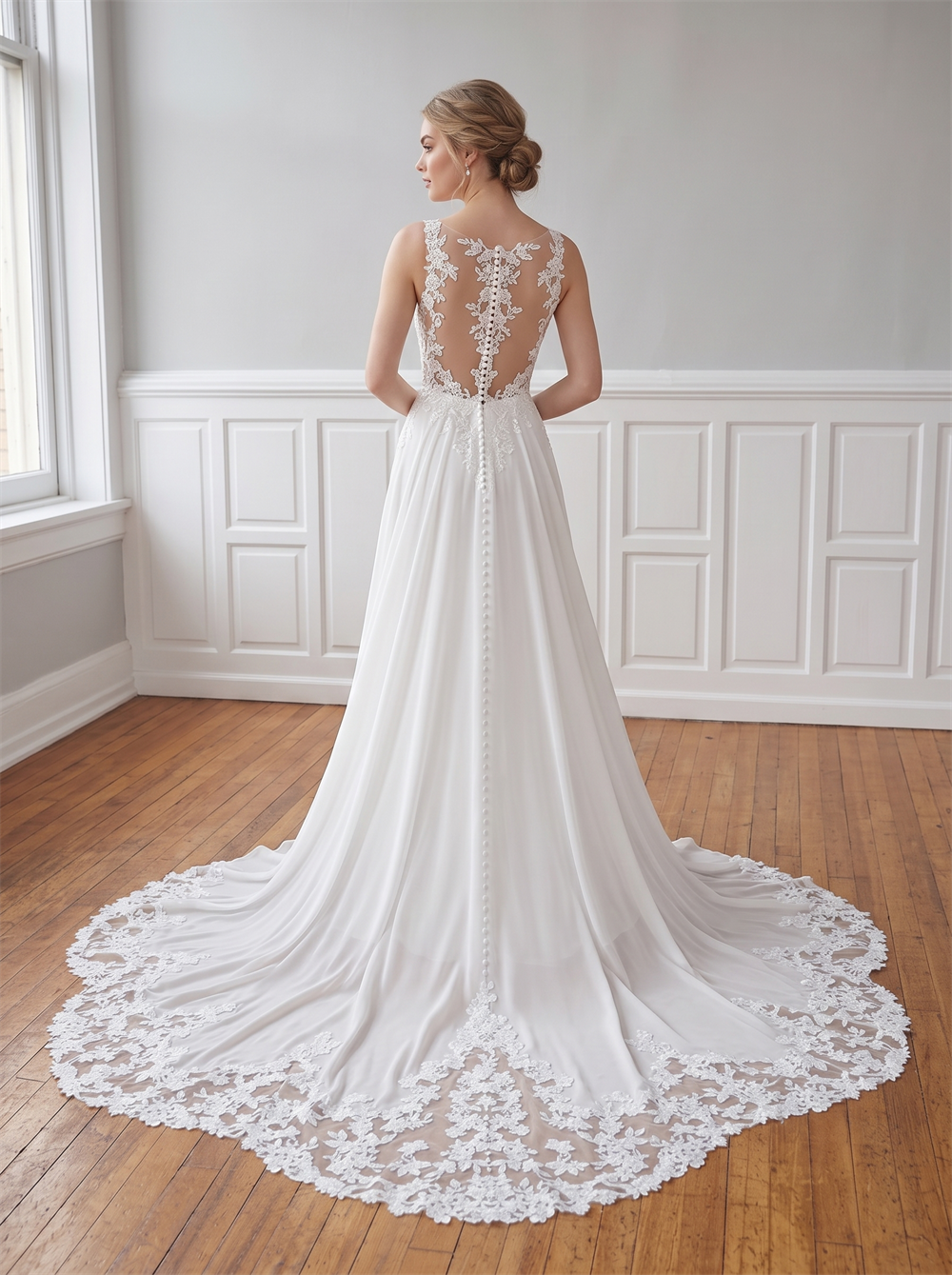 Spaghetti Strap 3D Floral Lace Chiffon Wedding Dress Deep V Illusion Back Lace Edge Romantic Bridal Gown