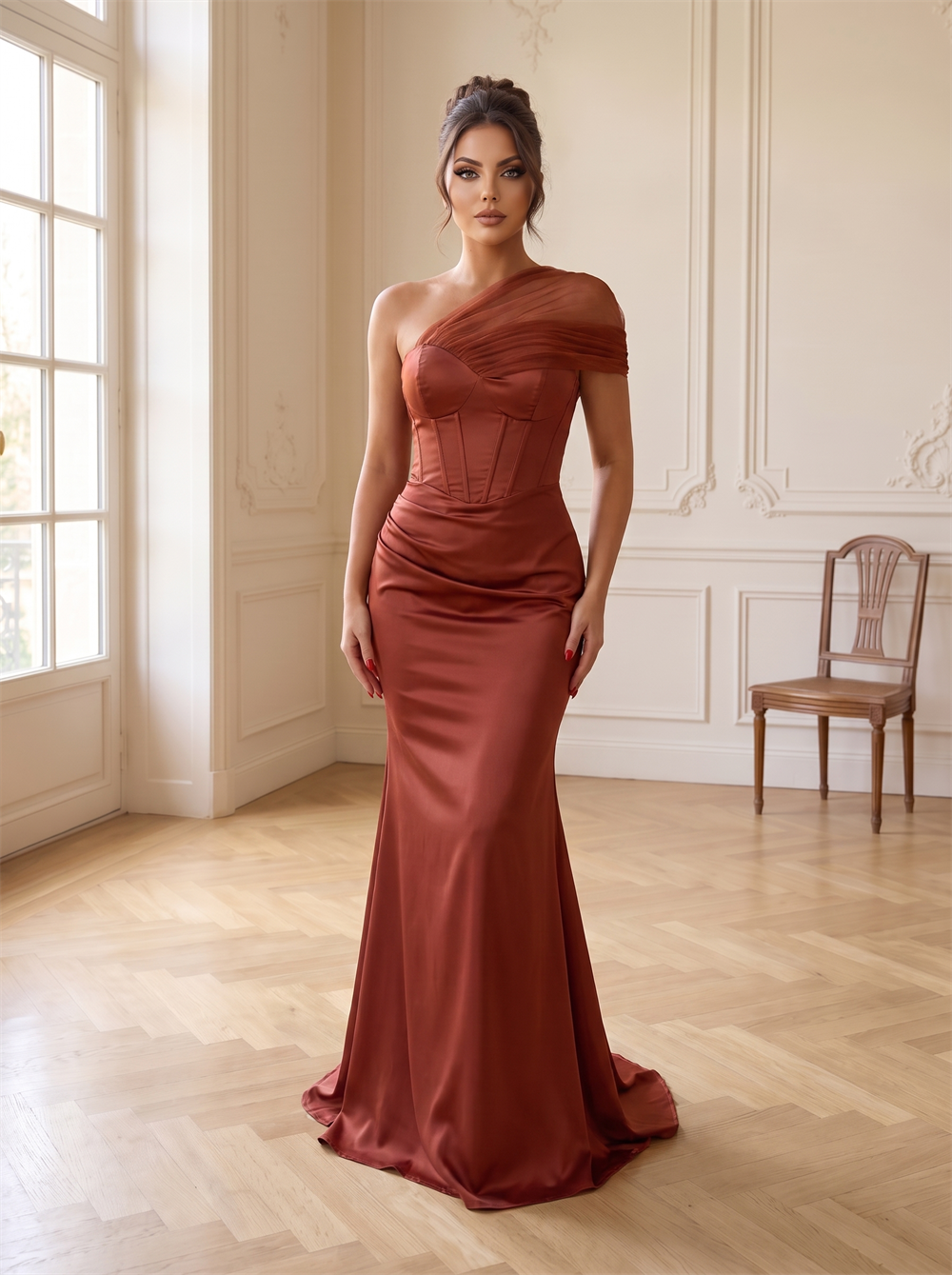 One Shoulder Tulle Sleeve Corset Mermaid Satin Bridesmaid Dress Lace Up Back Floor Length Rust Terracotta Formal Wedding Guest Evening Gown
