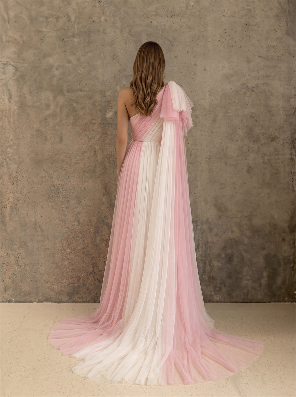 One Shoulder Gradient Pink Floral Bow Tulle A Line Wedding Dress Bridal Dress