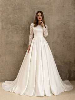 Wedding Dress Classic Satin Princess Ball Gown With Floral Lace Long Sleeves & Pearl Illusion Back