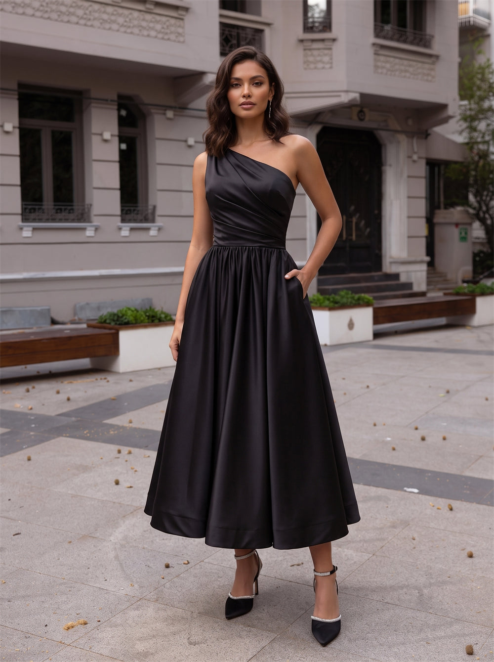 One Shoulder Ruched Black Satin Tea Length Midi Dress With Pockets Prom Homecoming Formal Gown