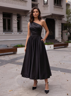 One Shoulder Ruched Black Satin Tea Length Midi Dress With Pockets Prom Homecoming Formal Gown