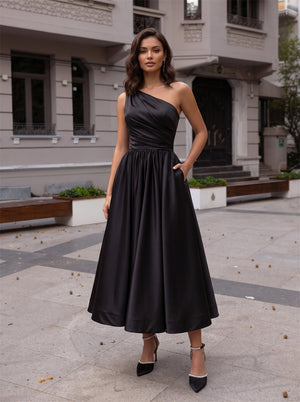 One Shoulder Ruched Black Satin Tea Length Midi Dress With Pockets Prom Homecoming Formal Gown