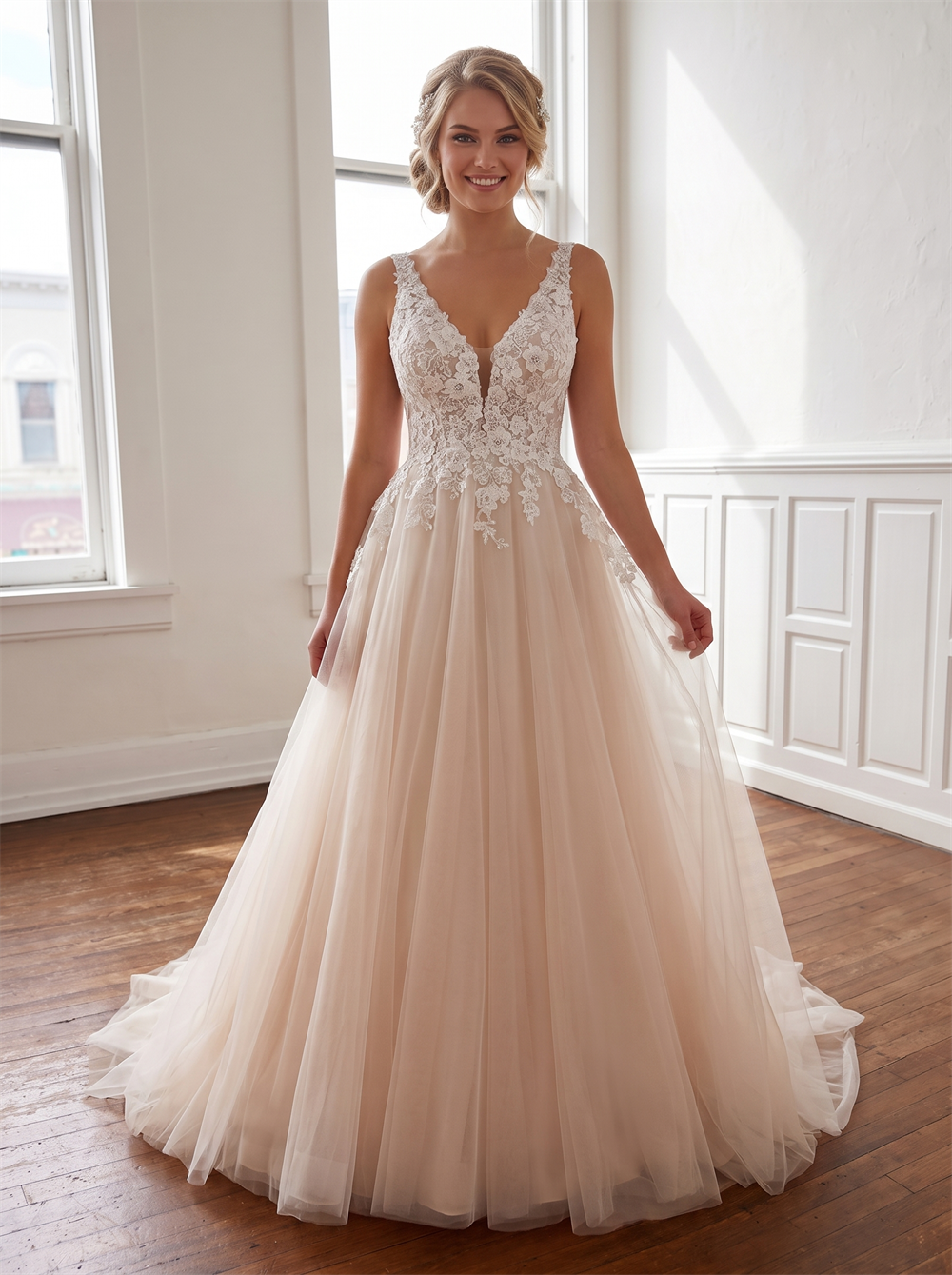 V Spaghetti Strap Floral Lace Champagne Tulle A Line Wedding Dress Low V Back Floral Lace Boho Bridal Gown