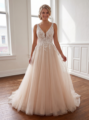 V Spaghetti Strap Floral Lace Champagne Tulle A Line Wedding Dress Low V Back Floral Lace Boho Bridal Gown