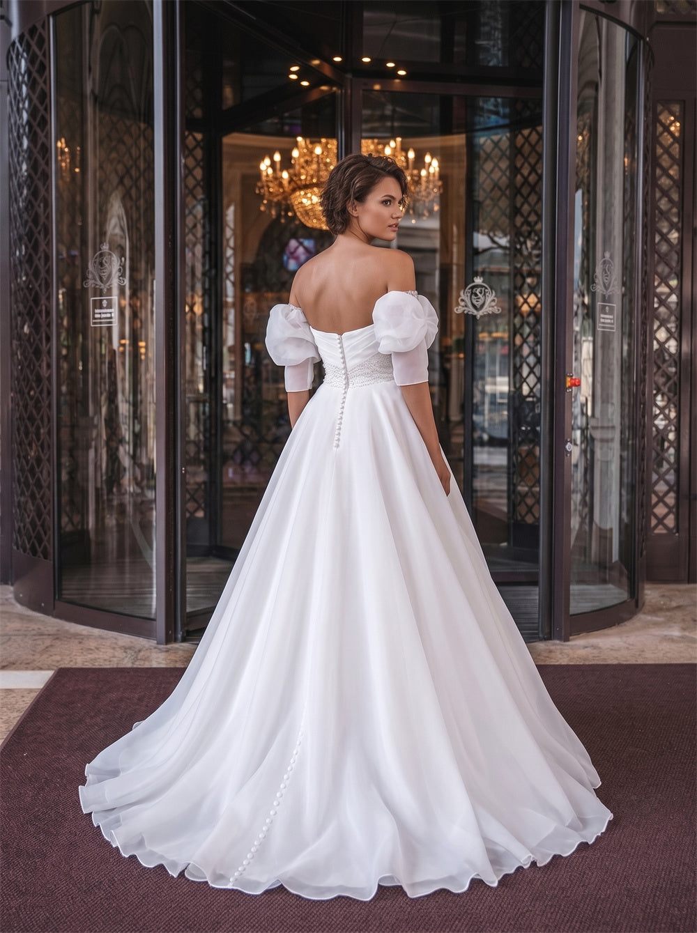 Strapless Puff Sleeve Beaded Sash Pearl Button Organza Ball Gowns Wedding Dress Bridal Dress