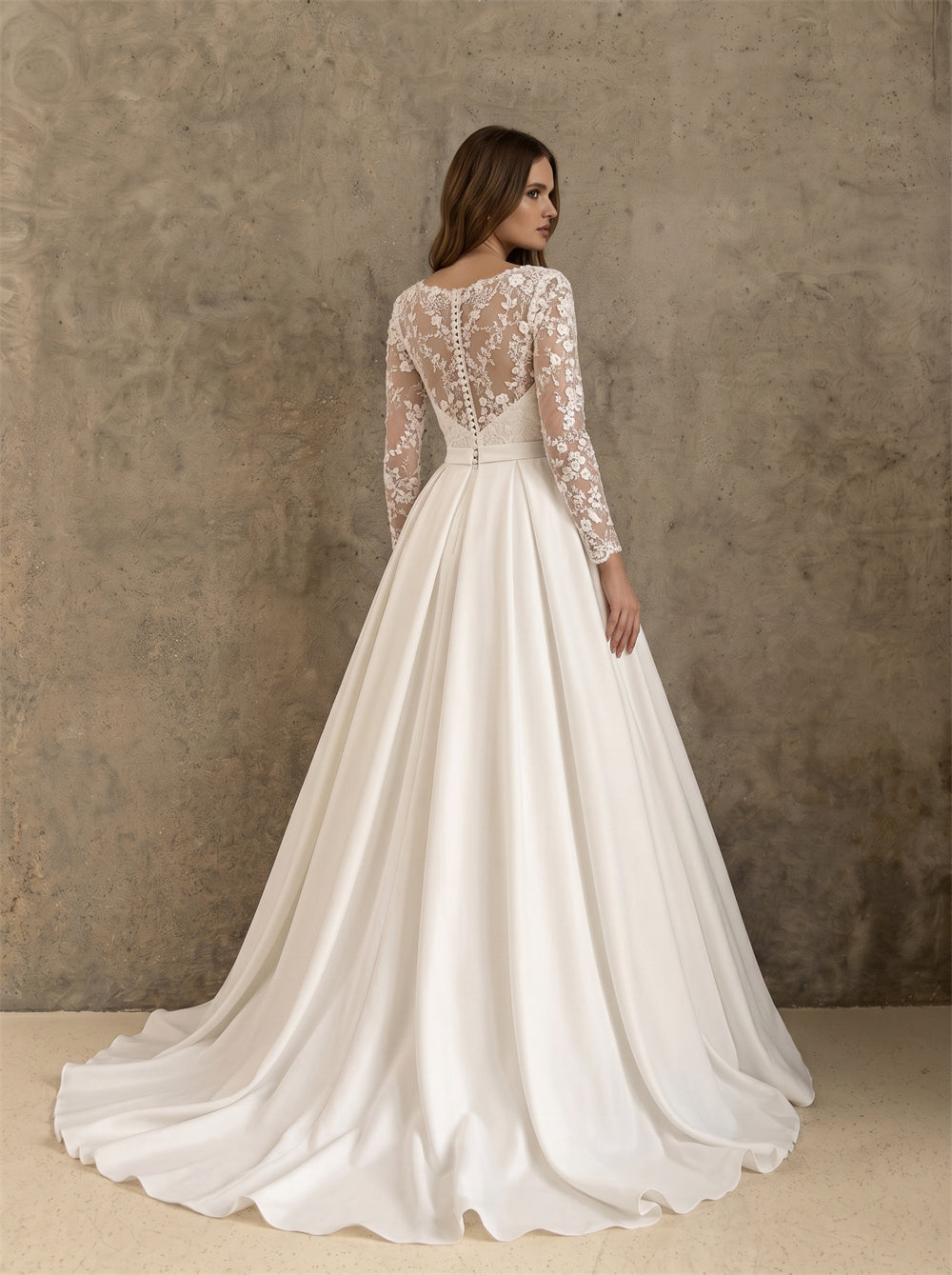 Wedding Dress Classic Satin Princess Ball Gown With Floral Lace Long Sleeves & Pearl Illusion Back